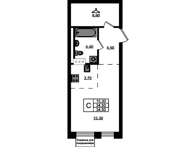Квартира студия 34.5 м², 7/7 эт., ЖК «Курортный квартал»